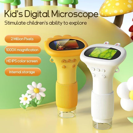Student Digital Microscope for Kids – Portable 1000x Magnification Handheld Scope with 2 Inch HD Screen, LED Light & Photo Storage, Ideal for Science Class and Outdoor Exploration (Yellow).