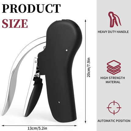 Goose-Style Rapid Wine Opener Set 20 x 13 cm – Heavy-Duty Lever Corkscrew with Foil Cutter, Pourer, Stopper, and Extra Spiral Worm – Premium Stainless Steel Wine Kit in Gift Box (Black).