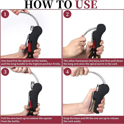 Goose-Style Rapid Wine Opener Set 20 x 13 cm – Heavy-Duty Lever Corkscrew with Foil Cutter, Pourer, Stopper, and Extra Spiral Worm – Premium Stainless Steel Wine Kit in Gift Box (Black).