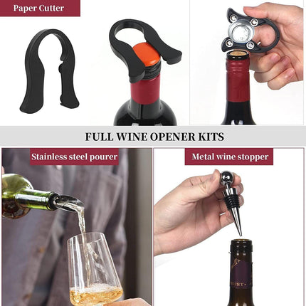 Goose-Style Rapid Wine Opener Set 20 x 13 cm – Heavy-Duty Lever Corkscrew with Foil Cutter, Pourer, Stopper, and Extra Spiral Worm – Premium Stainless Steel Wine Kit in Gift Box (Black).
