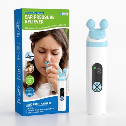 Electric Ear Pressure Relief Device – 3-Mode Adjustable Airflow for Travel, Diving & Altitude – Eustachian Tube Unblocker with LED Display & Type-C Charging (White).