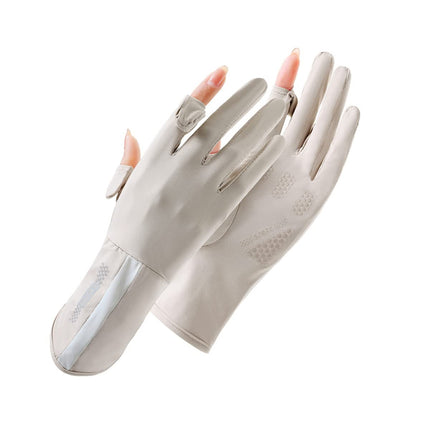 UV Protective Driving Gloves for Women – UPF 50+ Sunscreen Gloves with Touchscreen Function & Anti-Slip Palm, Long Cuff for Hiking, Cycling, Fishing, Golfing (Beige).