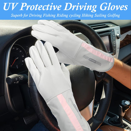 UV Protective Driving Gloves for Women – UPF 50+ Sunscreen Gloves with Touchscreen Function & Anti-Slip Palm, Long Cuff for Hiking, Cycling, Fishing, Golfing (Beige).