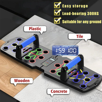 Smart Push-Up Bar with Counter & Timer – Foldable Home Workout Board for Chest, Shoulders, Back & Triceps Training (Black).