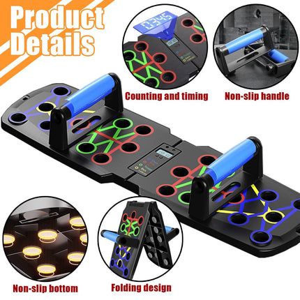 Smart Push-Up Bar with Counter & Timer – Foldable Home Workout Board for Chest, Shoulders, Back & Triceps Training (Black).