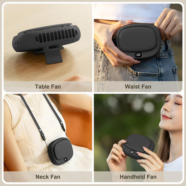 Portable Neck Fan with 5 Speeds – Rechargeable USB Mini Fan for Outdoor Travel, Work & Camping – Silent Personal Cooling Fan (Black).