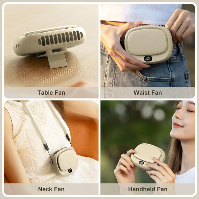 Portable Neck Fan with 5 Speeds – Rechargeable USB Mini Fan for Outdoor Travel, Work & Camping – Silent Personal Cooling Fan (Beige).