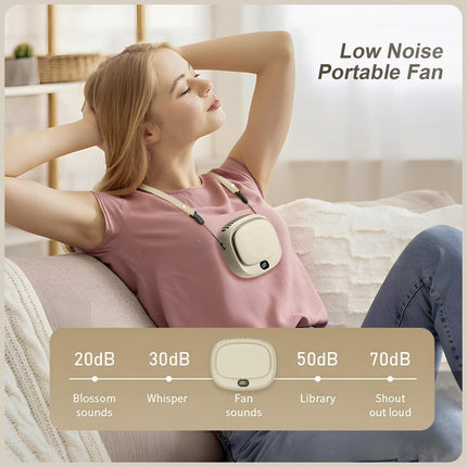 Portable Neck Fan with 5 Speeds – Rechargeable USB Mini Fan for Outdoor Travel, Work & Camping – Silent Personal Cooling Fan (Beige).
