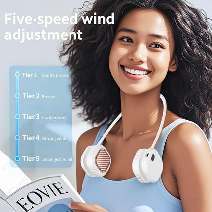 Portable Neck Fan with 5-Speed Adjustable Cooling – Lightweight Rechargeable Bladeless Fan for Travel, Outdoor, Gym, Office Use – Ultra-Quiet & Foldable (White).