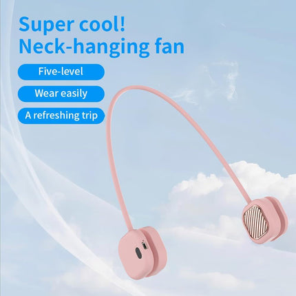 Portable Neck Fan with 5-Speed Adjustable Cooling – Lightweight Rechargeable Bladeless Fan for Travel, Outdoor, Gym, Office Use – Ultra-Quiet & Foldable (Pink).