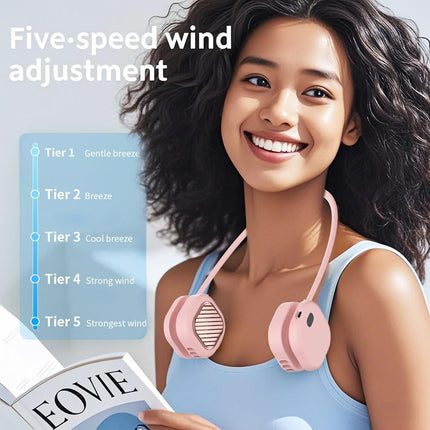 Portable Neck Fan with 5-Speed Adjustable Cooling – Lightweight Rechargeable Bladeless Fan for Travel, Outdoor, Gym, Office Use – Ultra-Quiet & Foldable (Pink).