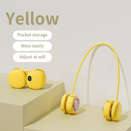 Portable Neck Fan with 5-Speed Adjustable Cooling – Lightweight Rechargeable Bladeless Fan for Travel, Outdoor, Gym, Office Use – Ultra-Quiet & Foldable (Yellow).