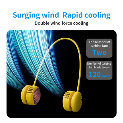 Portable Neck Fan with 5-Speed Adjustable Cooling – Lightweight Rechargeable Bladeless Fan for Travel, Outdoor, Gym, Office Use – Ultra-Quiet & Foldable (Yellow).