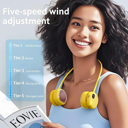 Portable Neck Fan with 5-Speed Adjustable Cooling – Lightweight Rechargeable Bladeless Fan for Travel, Outdoor, Gym, Office Use – Ultra-Quiet & Foldable (Yellow).