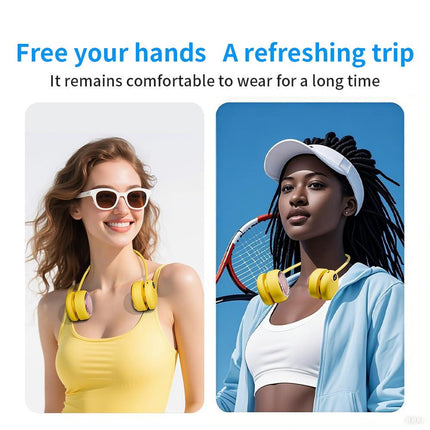 Portable Neck Fan with 5-Speed Adjustable Cooling – Lightweight Rechargeable Bladeless Fan for Travel, Outdoor, Gym, Office Use – Ultra-Quiet & Foldable (Yellow).