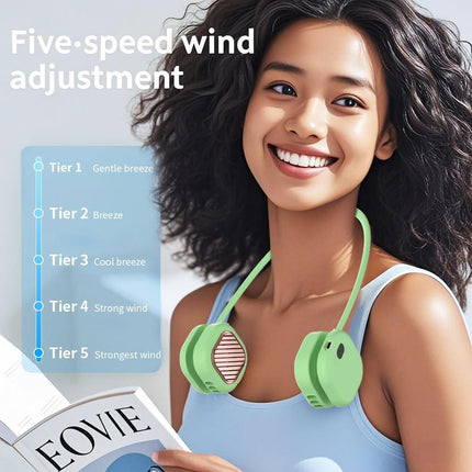 Portable Neck Fan with 5-Speed Adjustable Cooling – Lightweight Rechargeable Bladeless Fan for Travel, Outdoor, Gym, Office Use – Ultra-Quiet & Foldable (Green).