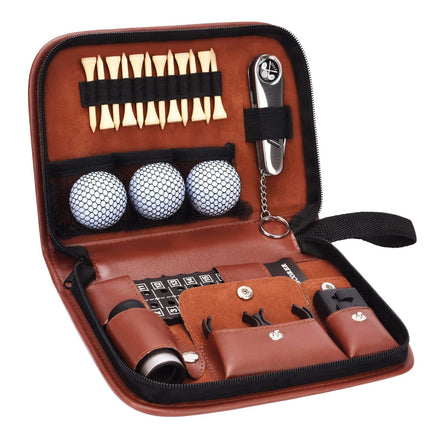 Premium Golf Accessory Kit with Rangefinder, Tees, Balls & 6-in-1 Divot Tool – Brown Leather Case for Men and Women (Brown).