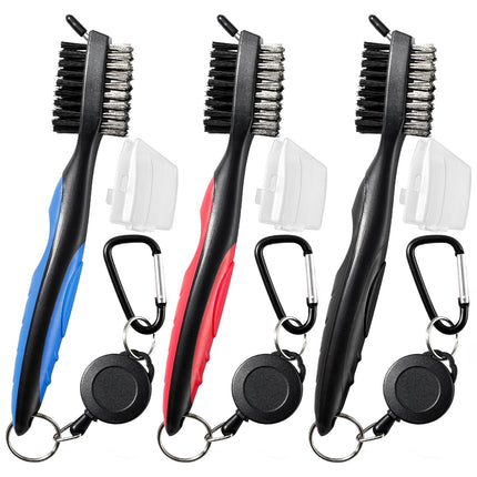 Golf Club Cleaning Brush Set with Retractable Zip Line – 3-Pack Dual-Sided Brush for Deep Groove Cleaning (Blue).