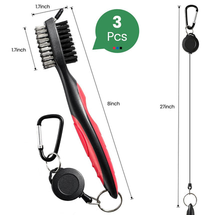 Golf Club Cleaning Brush Set with Retractable Zip Line – 3-Pack Dual-Sided Brush for Deep Groove Cleaning (Blue).