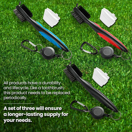 Golf Club Cleaning Brush Set with Retractable Zip Line – 3-Pack Dual-Sided Brush for Deep Groove Cleaning (Blue).