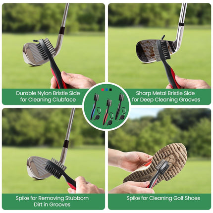 Golf Club Cleaning Brush Set with Retractable Zip Line – 3-Pack Dual-Sided Brush for Deep Groove Cleaning (Blue).
