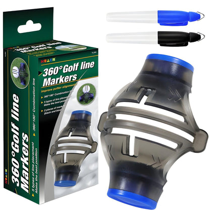 360° Golf Ball Line Marker with 2 Pens – Full Coverage Alignment Tool for Putt, Driver & Irons (Blue).