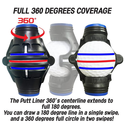 360° Golf Ball Line Marker with 2 Pens – Full Coverage Alignment Tool for Putt, Driver & Irons (Blue).