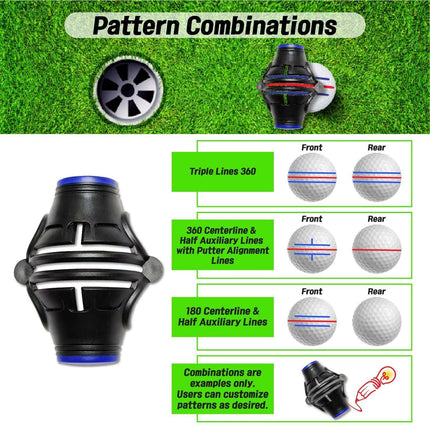 360° Golf Ball Line Marker with 2 Pens – Full Coverage Alignment Tool for Putt, Driver & Irons (Blue).