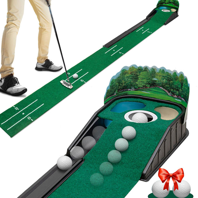 Indoor Golf Putting Green Mat with Ball Return – Realistic 10 mph Speed, Obstacle Training for Home, Office & Simulator (Green)
