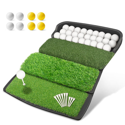 Foldable 4-in-1 Golf Practice Mat with Ball Tray – 24.5x17in Tri-Turf Hitting Pad for Indoor & Outdoor Training, Includes 8 Balls & 9 Tees (Green).