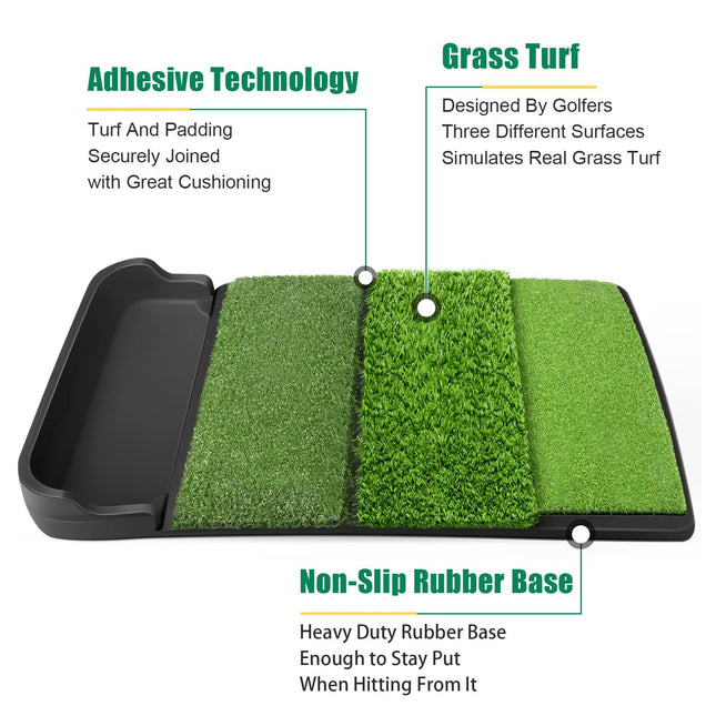 Foldable 4-in-1 Golf Practice Mat with Ball Tray – 24.5x17in Tri-Turf Hitting Pad for Indoor & Outdoor Training, Includes 8 Balls & 9 Tees (Green).