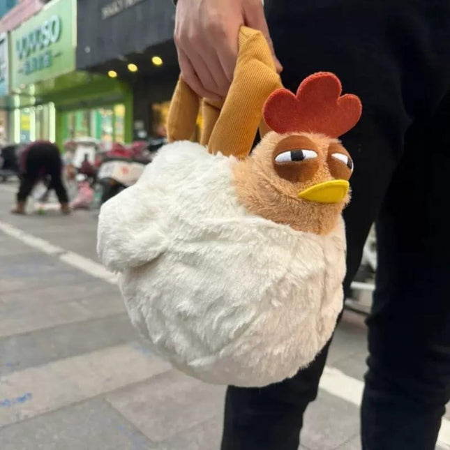 Cute Chicken Plush Handbag – White & Brown Kawaii Animal Tote for Girls & Women | Fun Gift Idea.