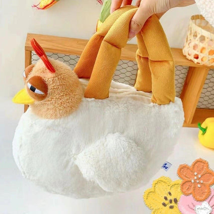 Cute Chicken Plush Handbag – White & Brown Kawaii Animal Tote for Girls & Women | Fun Gift Idea.