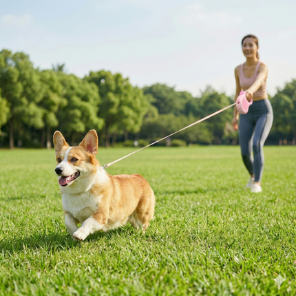 Retractable Dog Leash – 16.5 ft Automatic Walking Lead with One-Hand Brake Lock & Anti-Tangle Nylon Tape – Heavy-Duty 55 lb Capacity – Ideal for Small to Medium Dogs (Pink).