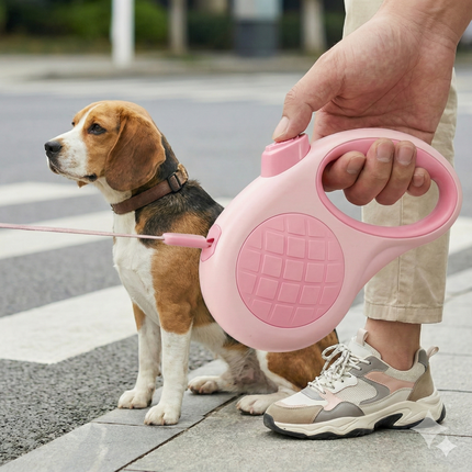 Retractable Dog Leash – 16.5 ft Automatic Walking Lead with One-Hand Brake Lock & Anti-Tangle Nylon Tape – Heavy-Duty 55 lb Capacity – Ideal for Small to Medium Dogs (Pink).