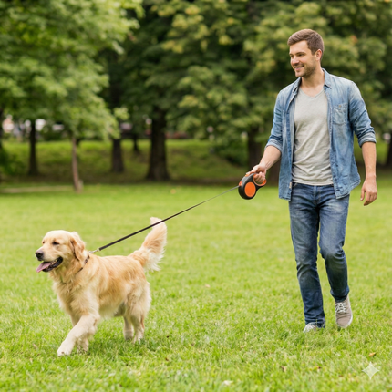Retractable Dog Leash – 16.5 ft Automatic Walking Lead with One-Hand Brake Lock & Anti-Tangle Nylon Tape – Heavy-Duty 55 lb Capacity – Ideal for Small to Medium Dogs (Black & Orange).