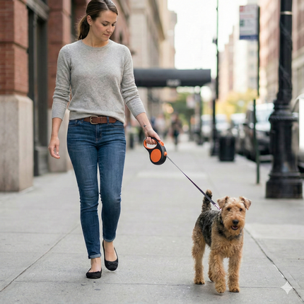 Retractable Dog Leash – 16.5 ft Automatic Walking Lead with One-Hand Brake Lock & Anti-Tangle Nylon Tape – Heavy-Duty 55 lb Capacity – Ideal for Small to Medium Dogs (Black & Orange).