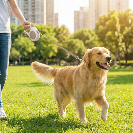 Retractable Dog Leash – 16.5 ft Automatic Walking Lead with One-Hand Brake Lock & Anti-Tangle Nylon Tape – Heavy-Duty 55 lb Capacity – Ideal for Small to Medium Dogs (Brown).