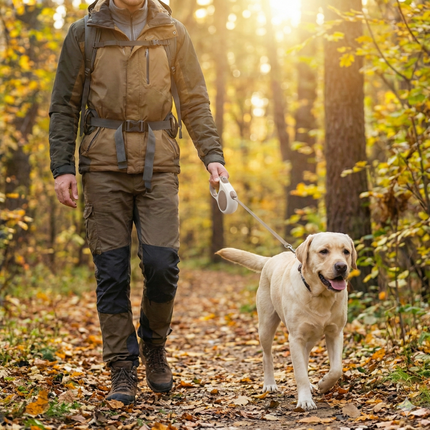 Retractable Dog Leash – 16.5 ft Automatic Walking Lead with One-Hand Brake Lock & Anti-Tangle Nylon Tape – Heavy-Duty 55 lb Capacity – Ideal for Small to Medium Dogs (Brown).