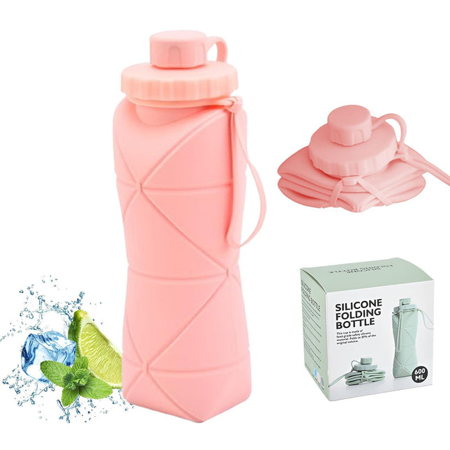 Collapsible Silicone Water Bottle 600ML – Foldable, Leak-Proof, BPA-Free, Portable Outdoor Sports Bottle with Carrying Strap – Compact Design for Hiking, Gym, Travel (Pink).