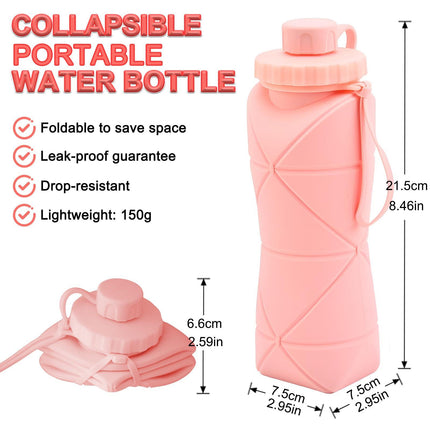 Collapsible Silicone Water Bottle 600ML – Foldable, Leak-Proof, BPA-Free, Portable Outdoor Sports Bottle with Carrying Strap – Compact Design for Hiking, Gym, Travel (Pink).