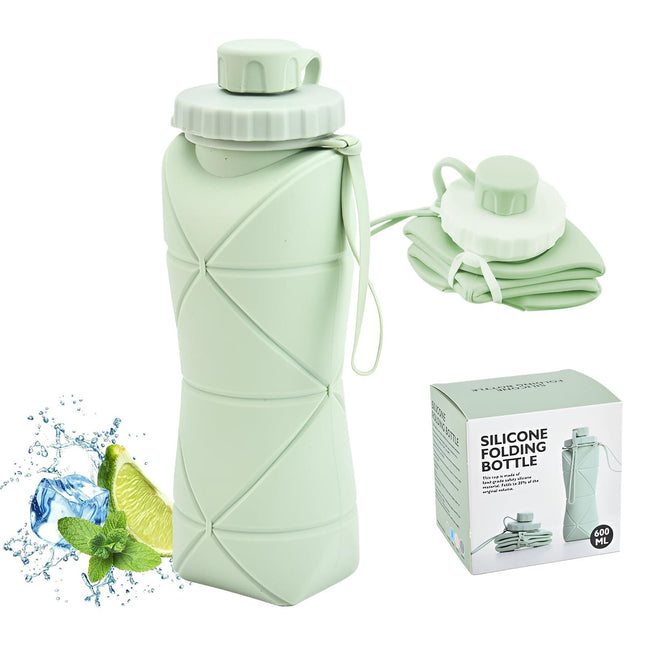 Collapsible Silicone Water Bottle 600ML – Foldable, Leak-Proof, BPA-Free, Portable Outdoor Sports Bottle with Carrying Strap – Compact Design for Hiking, Gym, Travel (Green).