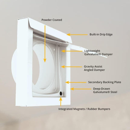White 4-Inch Dryer Vent Cover – Outdoor Wall Exhaust for Clothes Dryer & Bathroom Fan | Durable Galvalume Steel with Quiet Damper | Other Colours Available In-Store.
