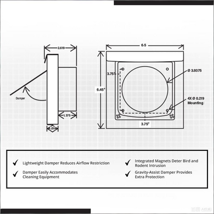 White 4-Inch Dryer Vent Cover – Outdoor Wall Exhaust for Clothes Dryer & Bathroom Fan | Durable Galvalume Steel with Quiet Damper | Other Colours Available In-Store.