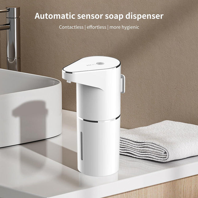 Automatic Sensor Foam Soap Dispenser – 350mL Rechargeable Touchless Hand Soap Pump with 3 Adjustable Levels & Type-C Charging (White).