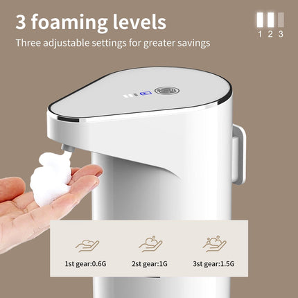 Automatic Sensor Foam Soap Dispenser – 350mL Rechargeable Touchless Hand Soap Pump with 3 Adjustable Levels & Type-C Charging (White).