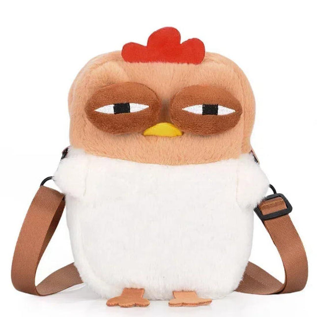 Cute Chicken Plush Crossbody Bag – White & Brown Kawaii Animal Backpack for Kids & Girls | Fun Gift Idea.