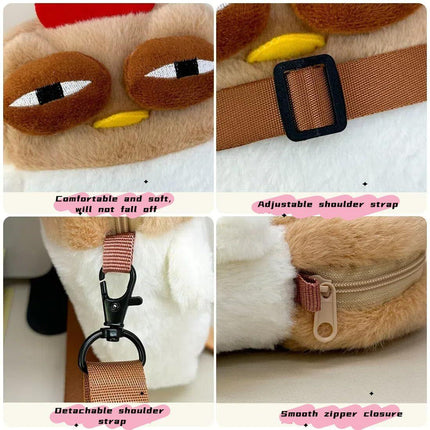 Cute Chicken Plush Crossbody Bag – White & Brown Kawaii Animal Backpack for Kids & Girls | Fun Gift Idea.