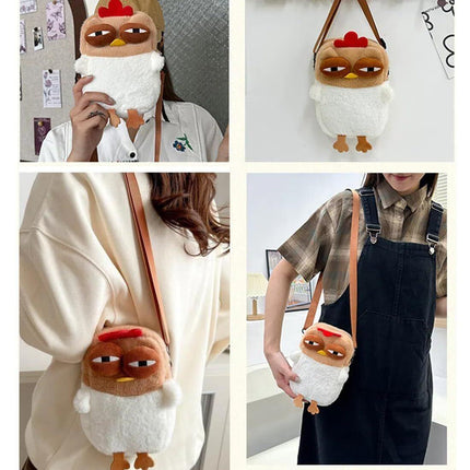 Cute Chicken Plush Crossbody Bag – White & Brown Kawaii Animal Backpack for Kids & Girls | Fun Gift Idea.