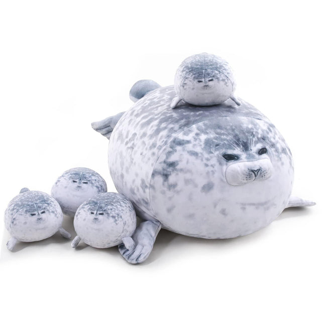 Gray Chubby Seal Plush Pillow with 4 Baby Seals Inside: Soft Stuffed Animal for Kids, Hug Pillow & Room Decor – Perfect Gift for Children.